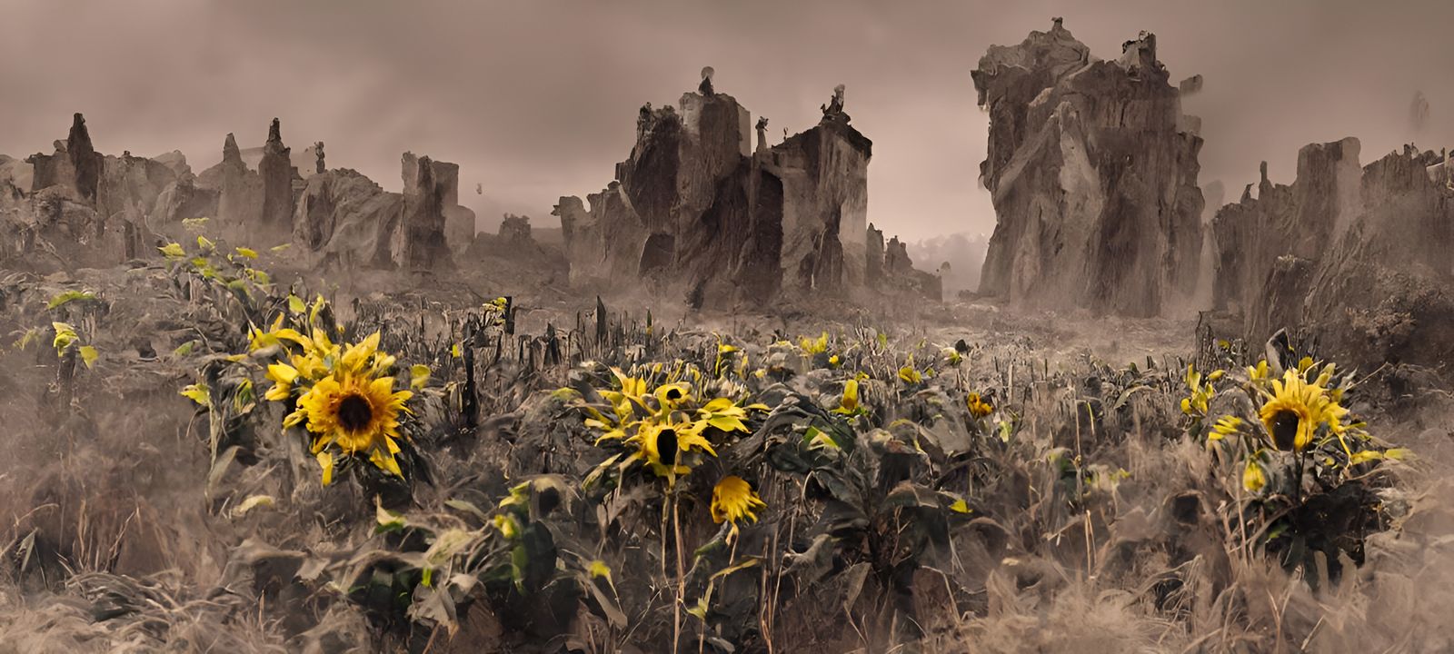 Sunflowers Bloom in Ruins: A Photorealistic Landscape