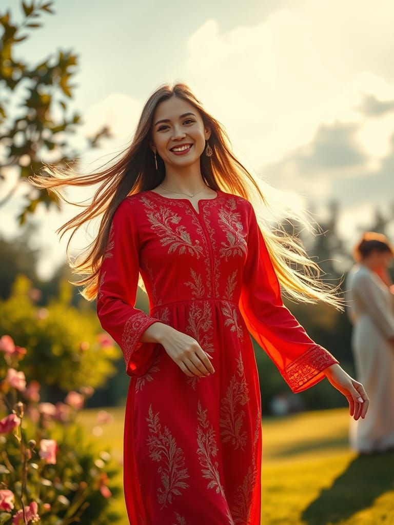 Woman in Red Silk Dress at Garden Party