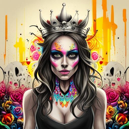Skull-Faced Queen with Wings in Graffiti Art Style