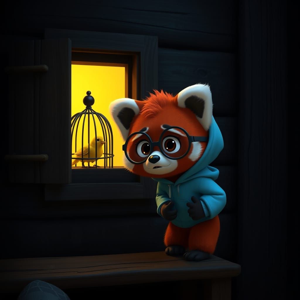 Cinematic Nighttime Scene of Old Wooden House with Bird and ...