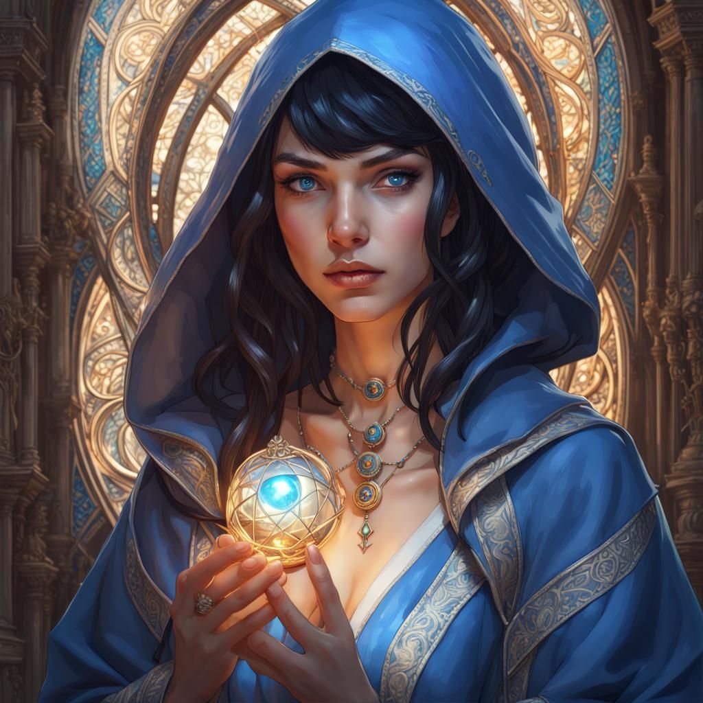 French Sorceress with Blue Robe in Art Nouveau Style