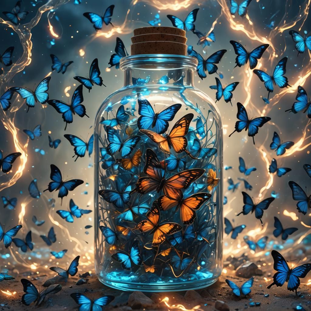 Blue Bioluminescent Butterfly in Glass Bottle