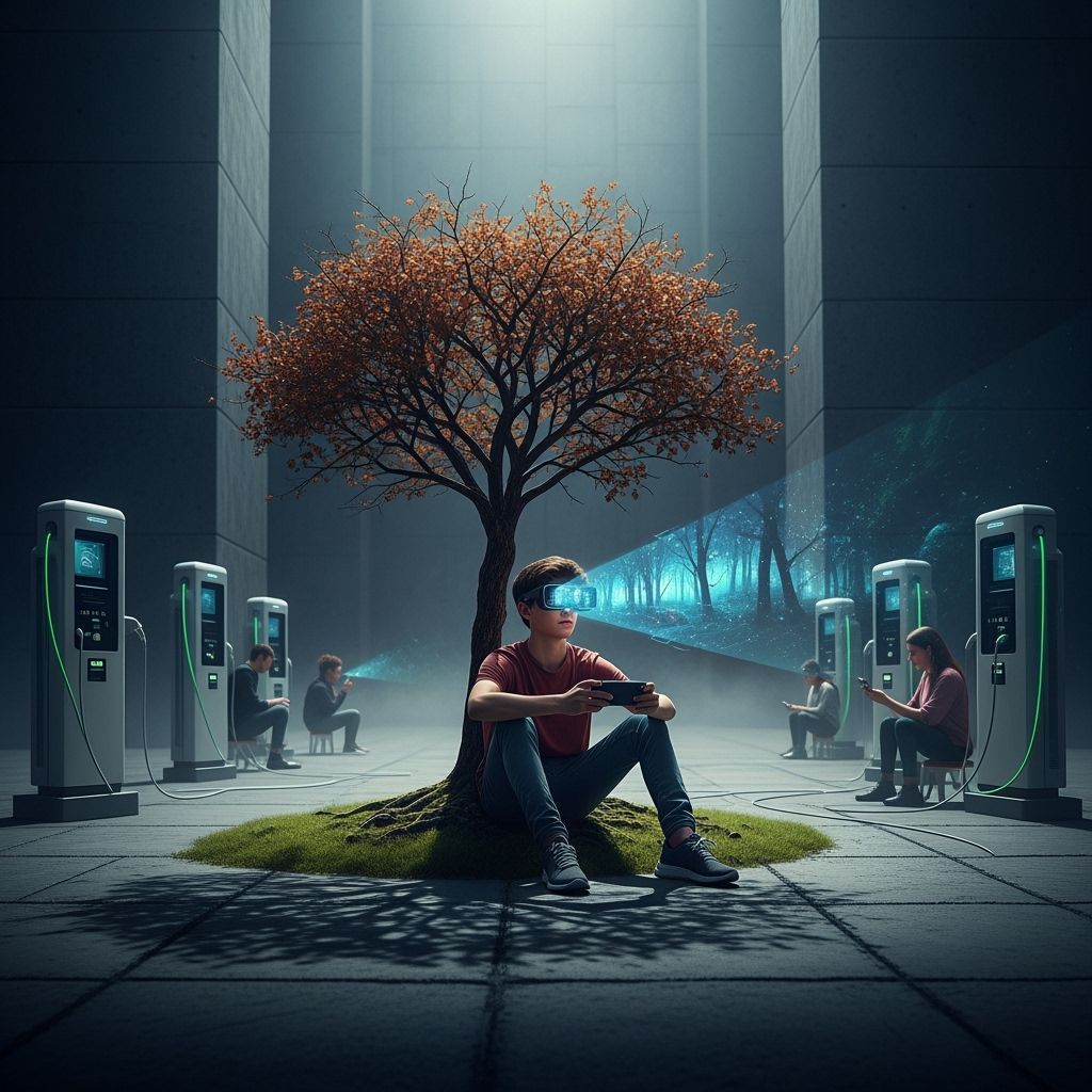 Dystopian Future: Boy Under Dying Tree with AR Forest Overla...