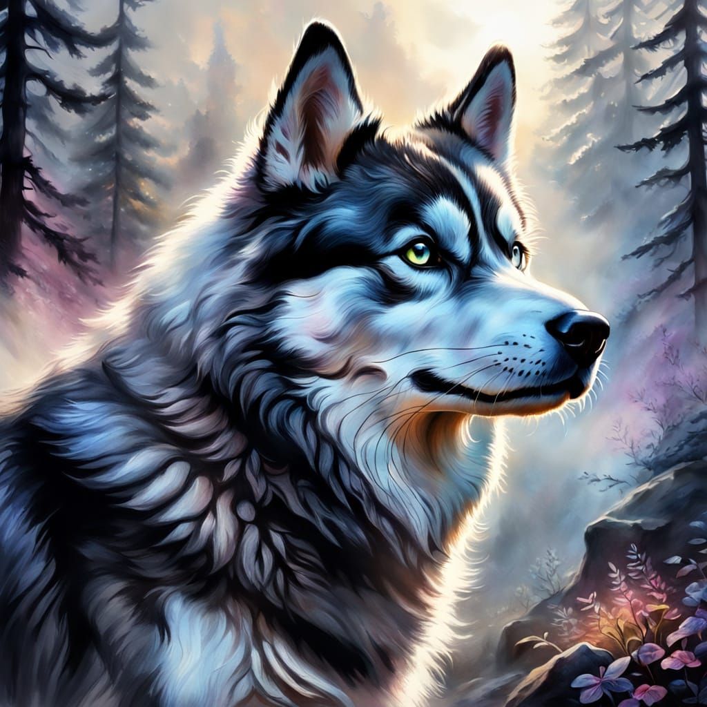 Husky in Ethereal Mist: Impasto Charcoal Drawing