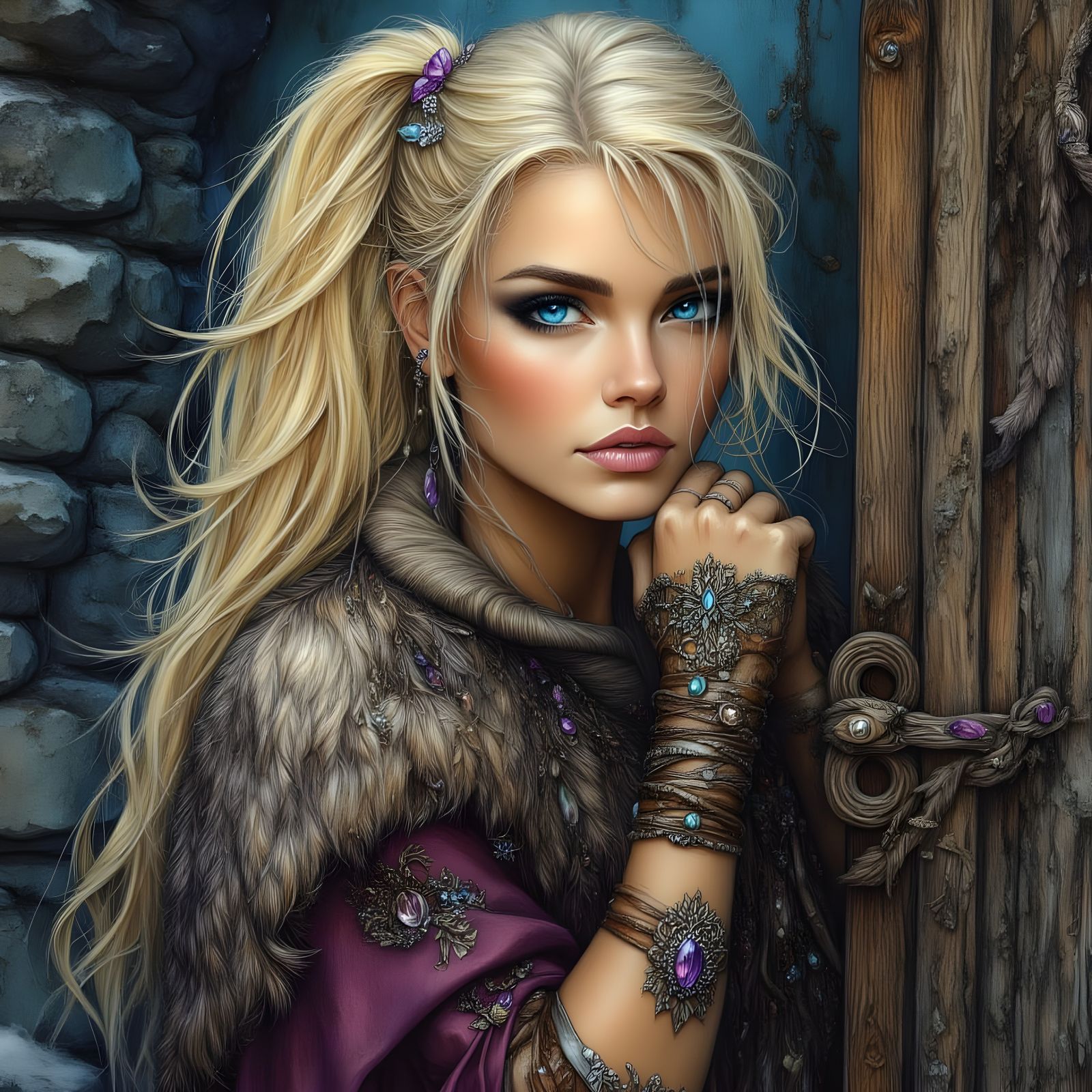 Norse Goddess Guards Castle Gate in Romantic Fantasy Style