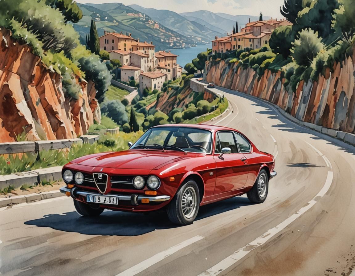 Red Alfa Romeo GTV6 on Italian Roads, Gouache Style