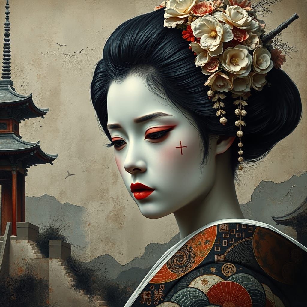 Melancholy Geisha Portrait in Surreal Impasto Style