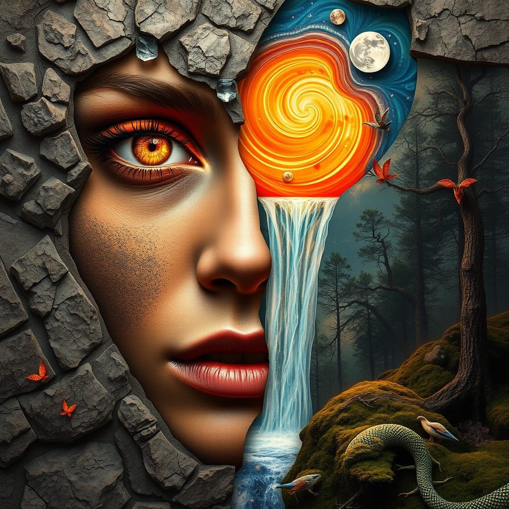 Woman's Face: Geological Textures in Cosmic Surrealism
