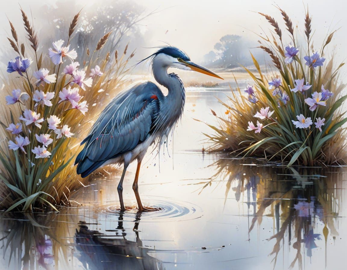 Elegant Heron Glides in Coastal Salt Marsh Watercolour