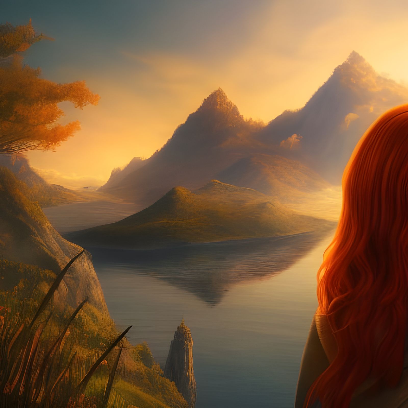 Redhead Girl and Sunset: Fantasy Concept Art