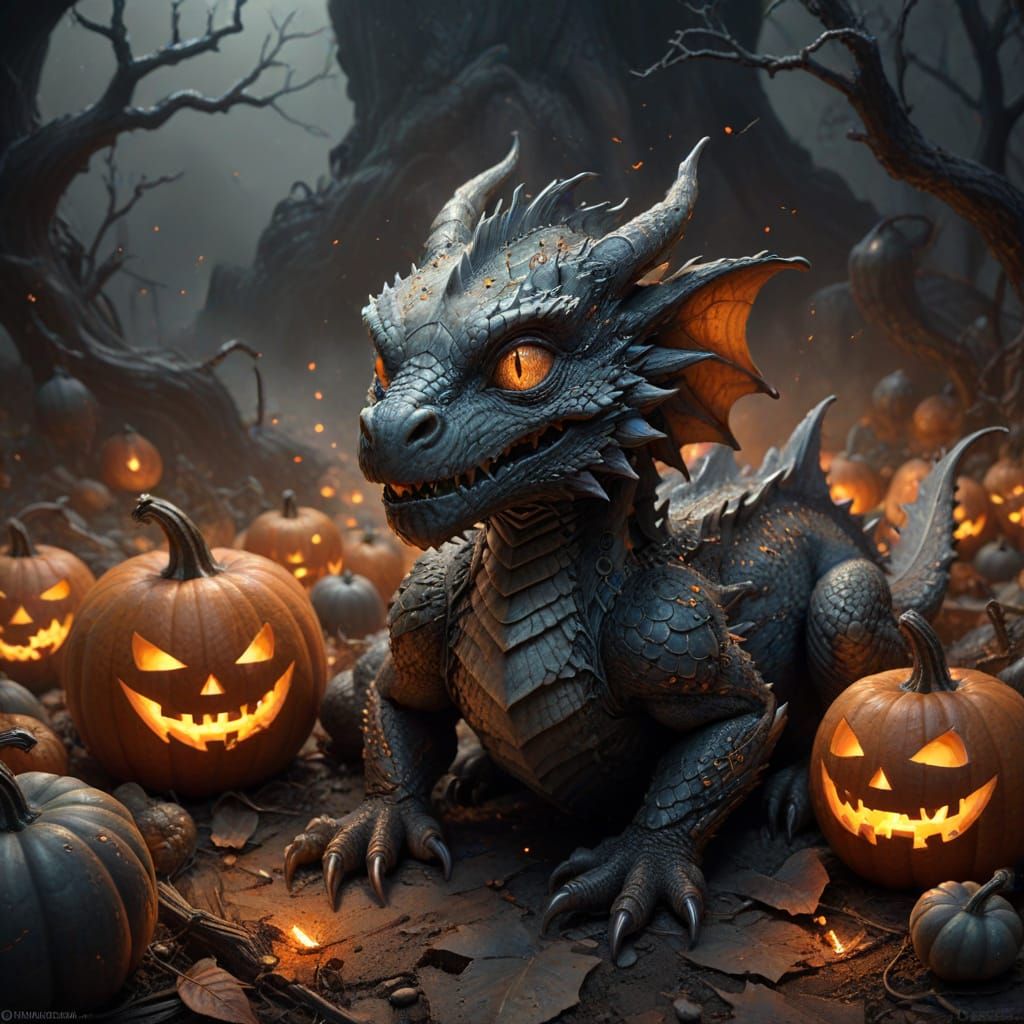 Baby Dragon Emerges from Halloween Pumpkins in Graphite Sket...