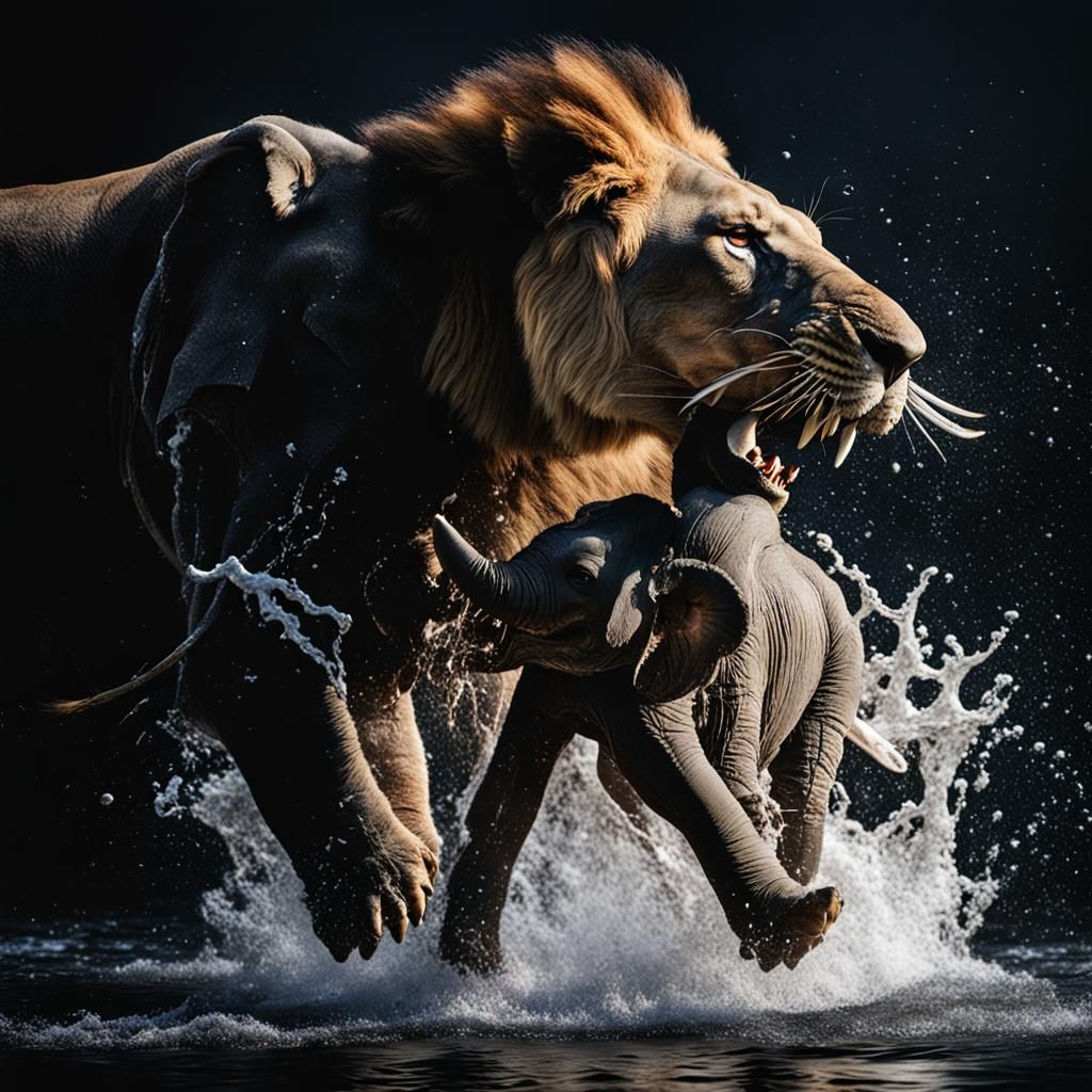 Lion's Dramatic Plunge with Elephant Calf