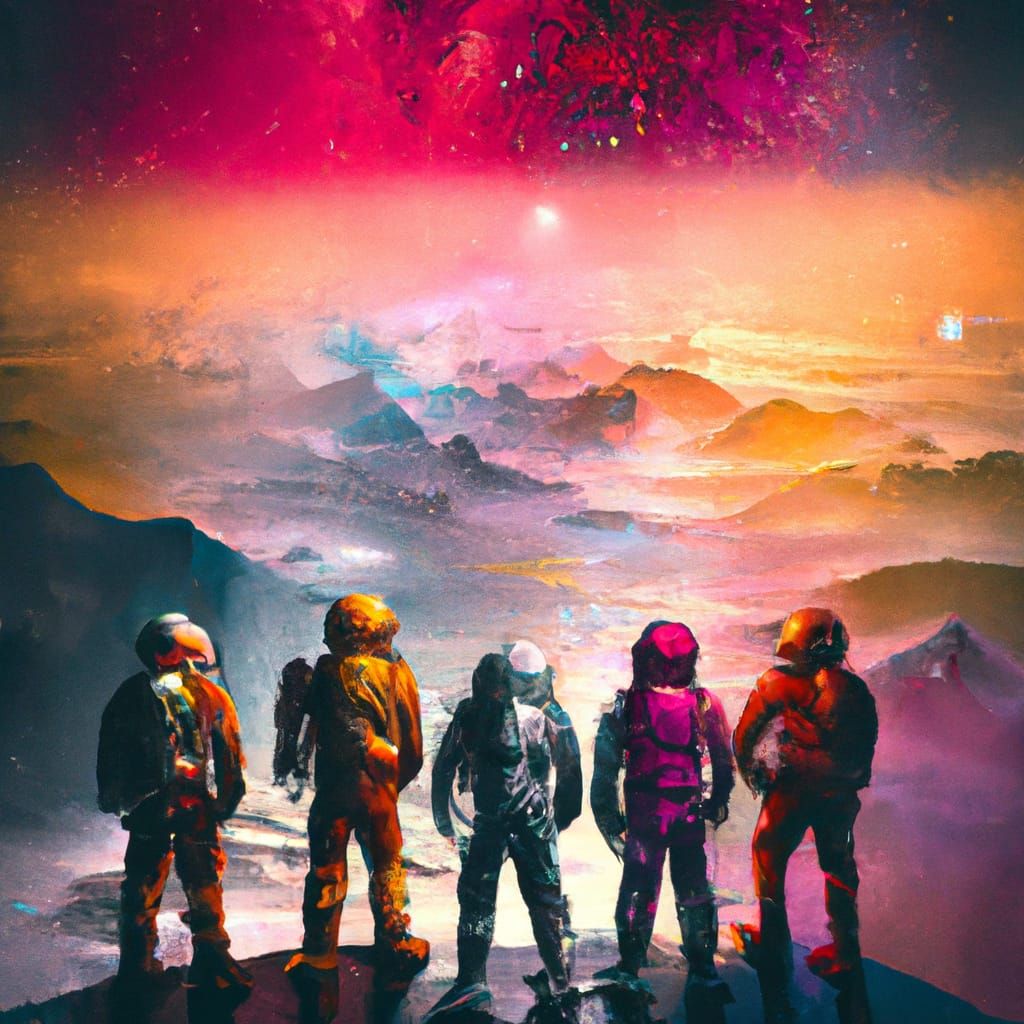 Astronauts on Mountain with Neon Galaxy Sky