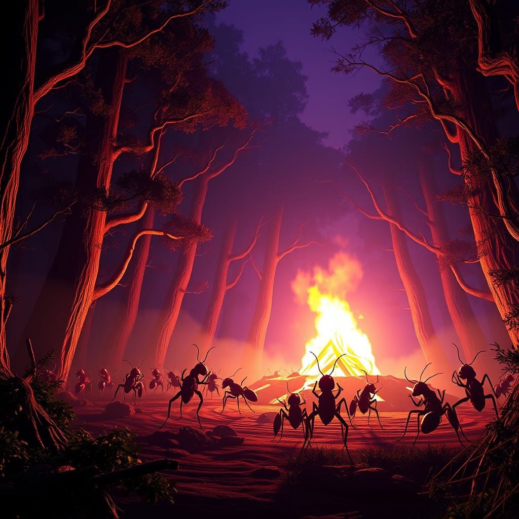 Giant Ants Dance Around Bonfire in Dark Fantasy Forest