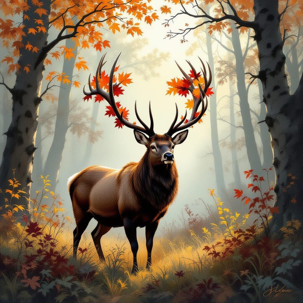 Stag with Autumn Leaves, Matte Painting Style