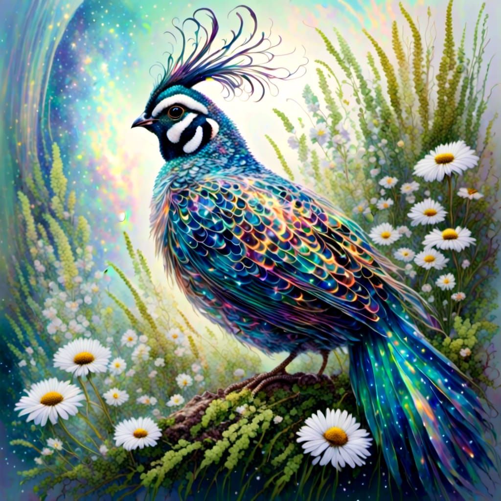 American Quail with Plume in Watercolor Sky