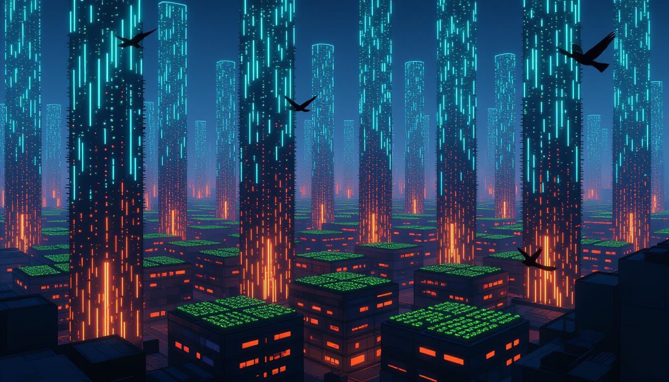 Bioluminescent Trees in a Futuristic Aerial City