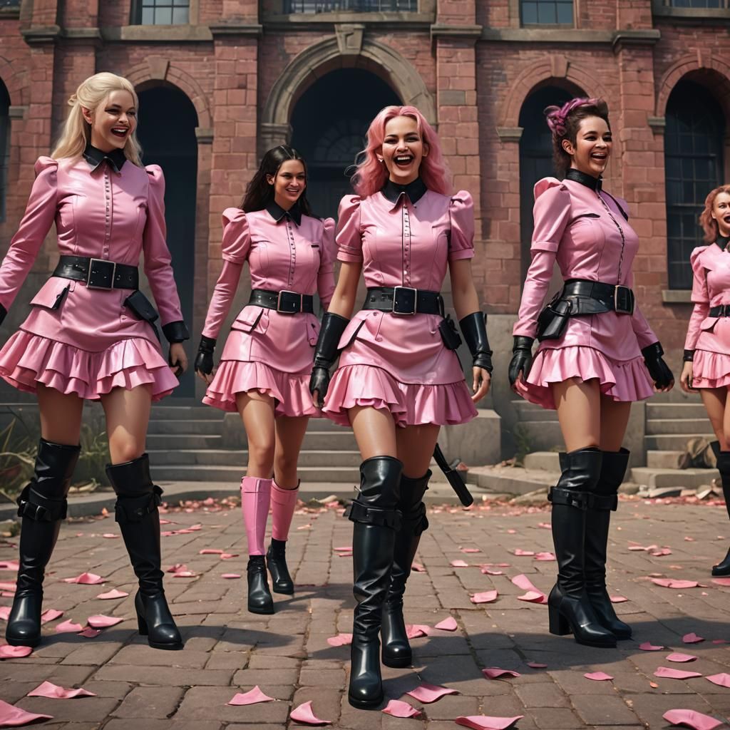 Prison Guards Surround Figure in Frilly Dress