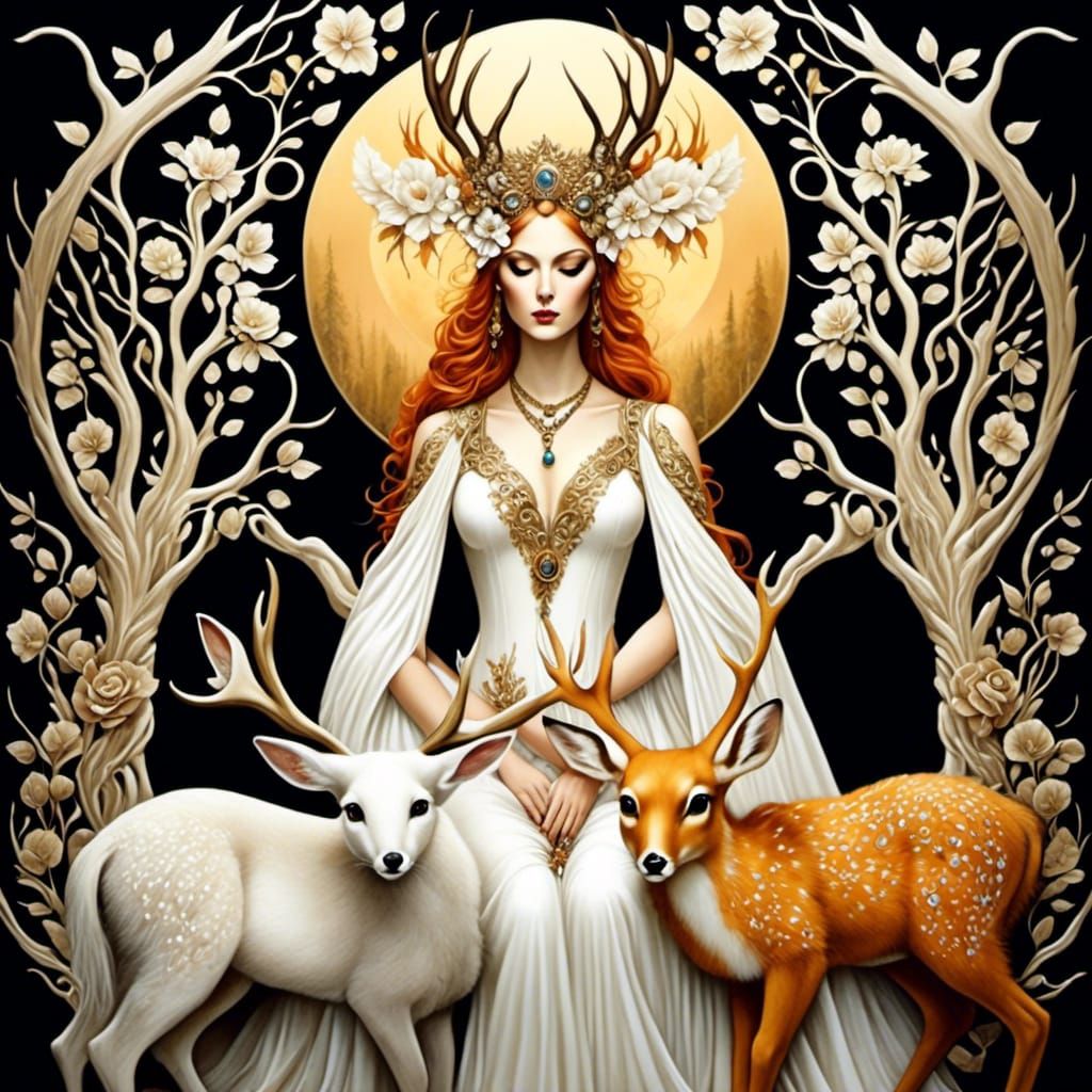 Enchanted Forest Goddess with Fox, Bunny, and Deer