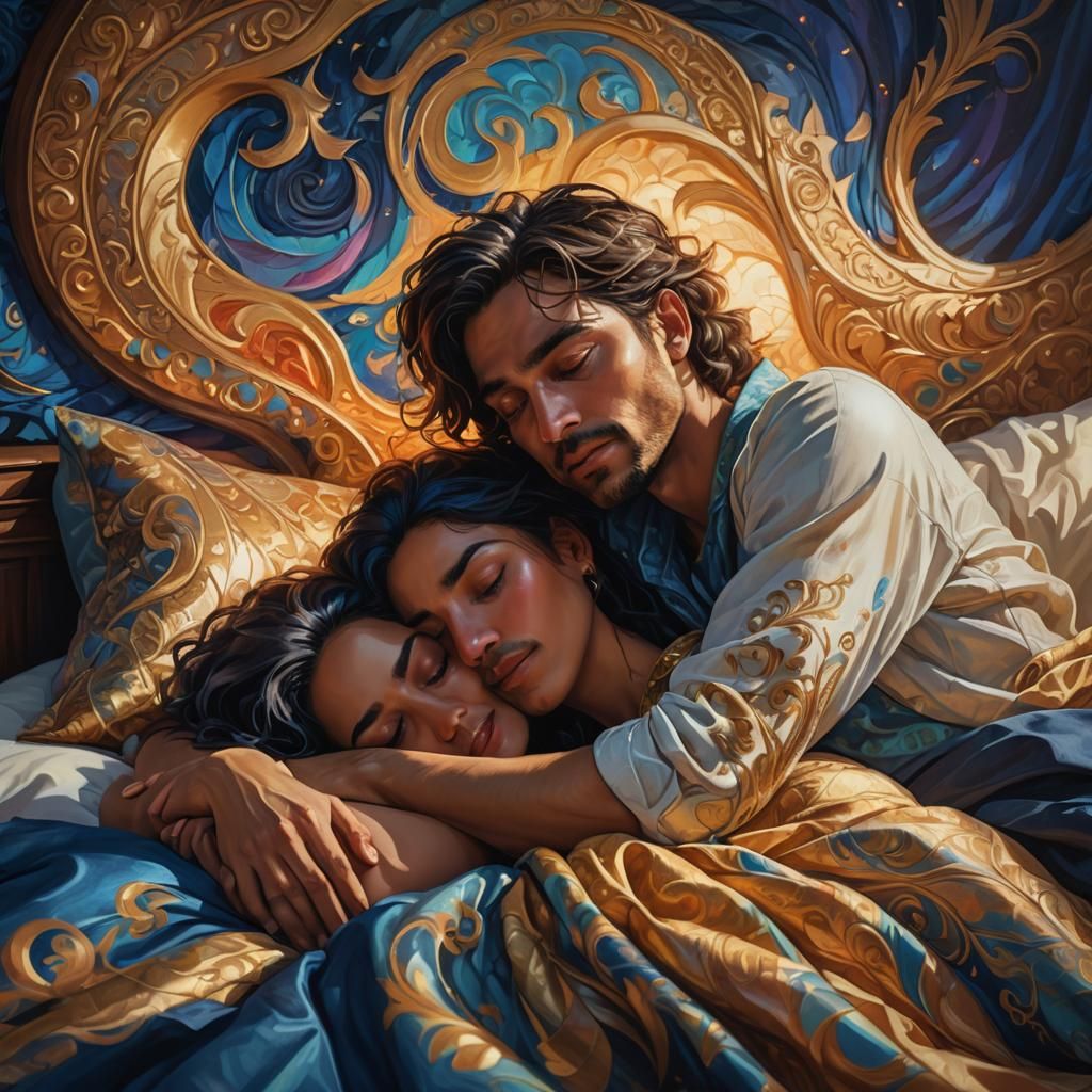 Embracing Figures: Vibrant Oil Painting in Art Nouveau Style