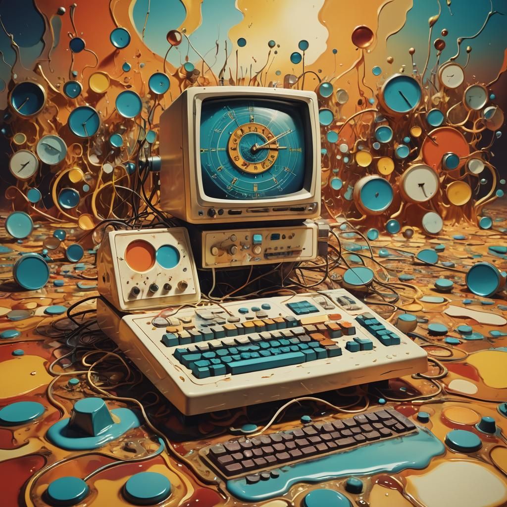 Surreal Retro Computer in Dreamlike Psychedelic Landscape