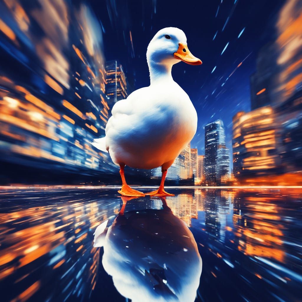 Surreal Cityscape with Duck in Mid-Air
