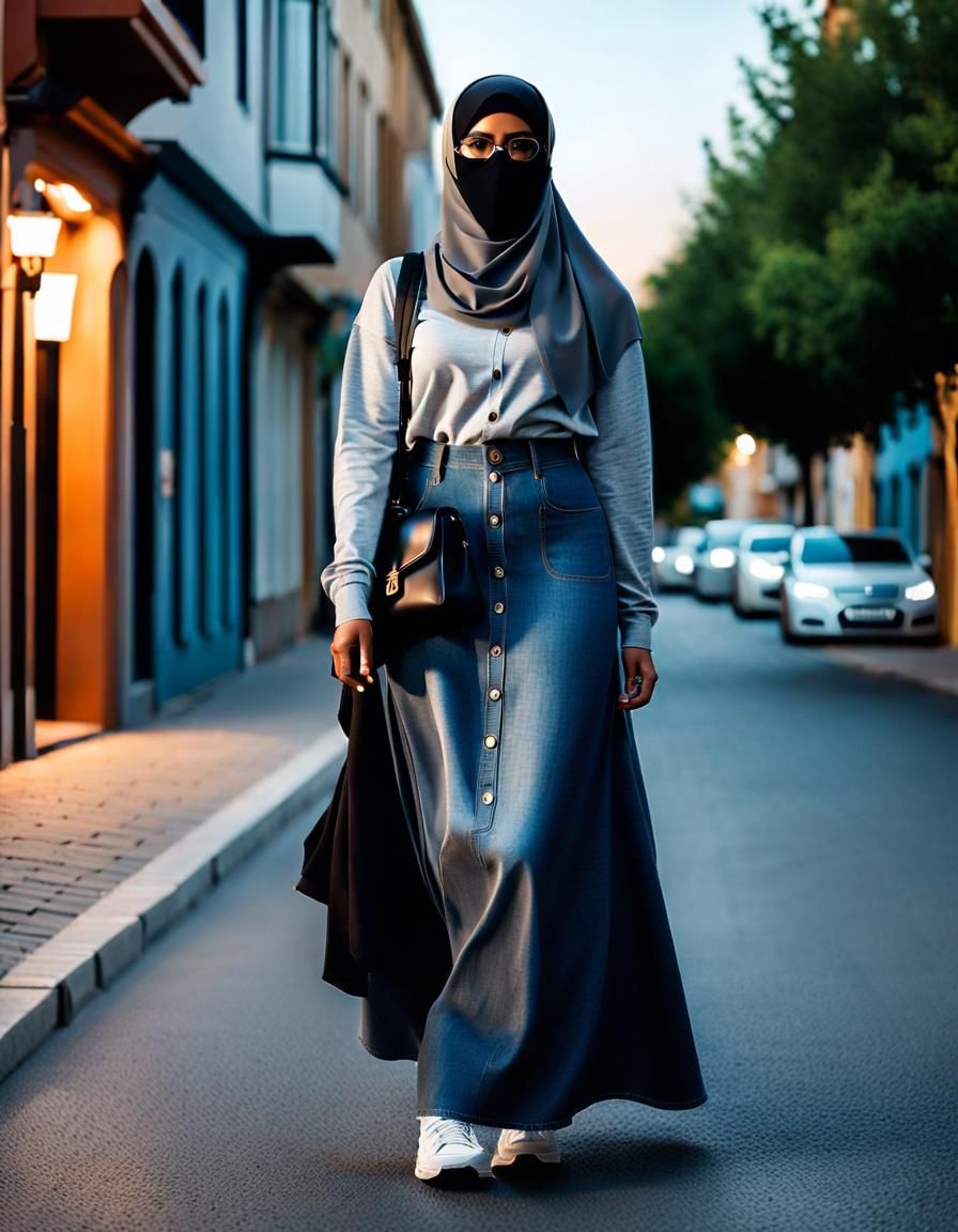 Niqabi Woman's Evening Walk in Photorealistic Style