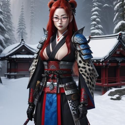 Snow Leopard Neko Samurai in Ancient Japan