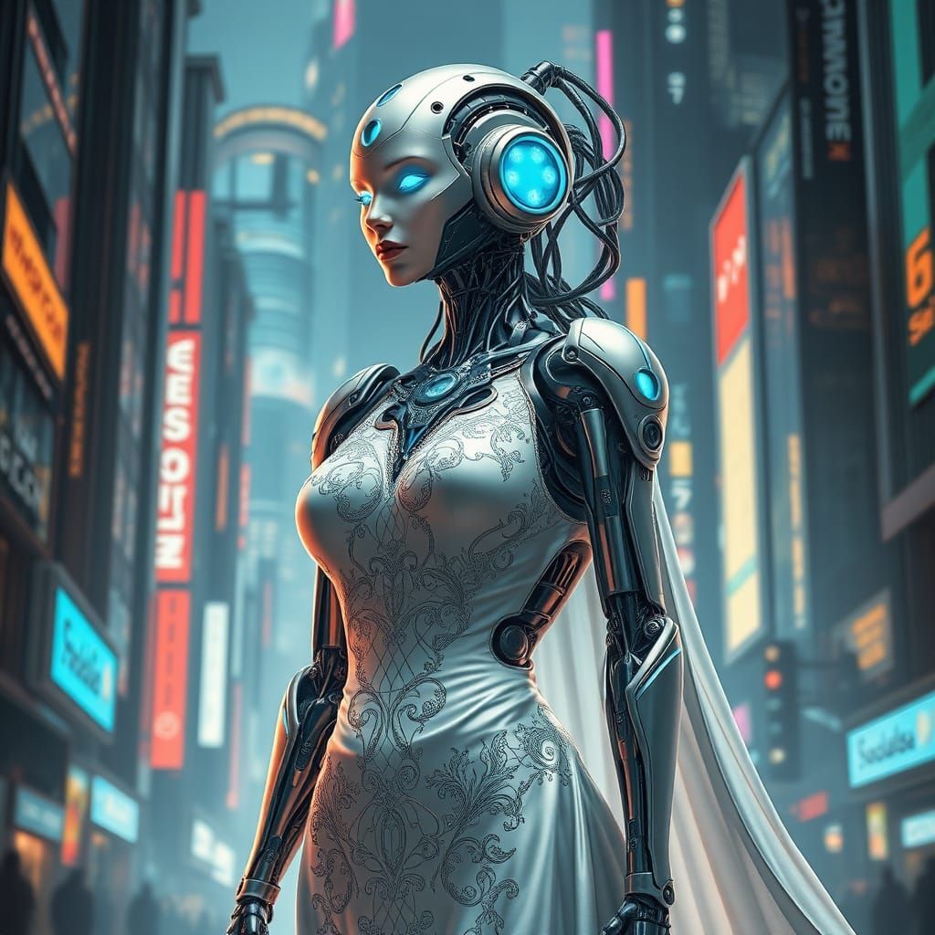 Robotic Woman in Futuristic Cityscape Digital Art