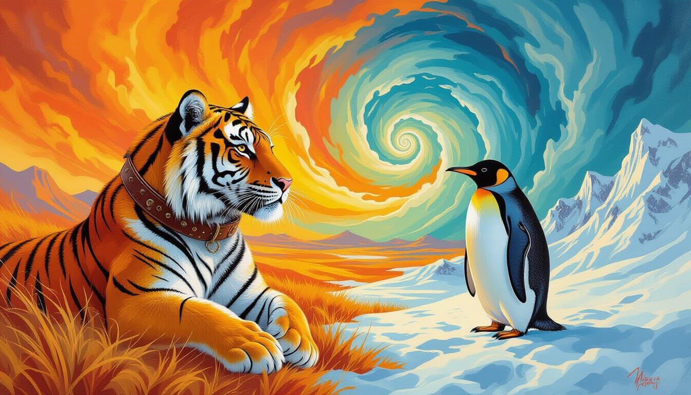 Tiger and Penguin in Clashing Worlds Oil Painting