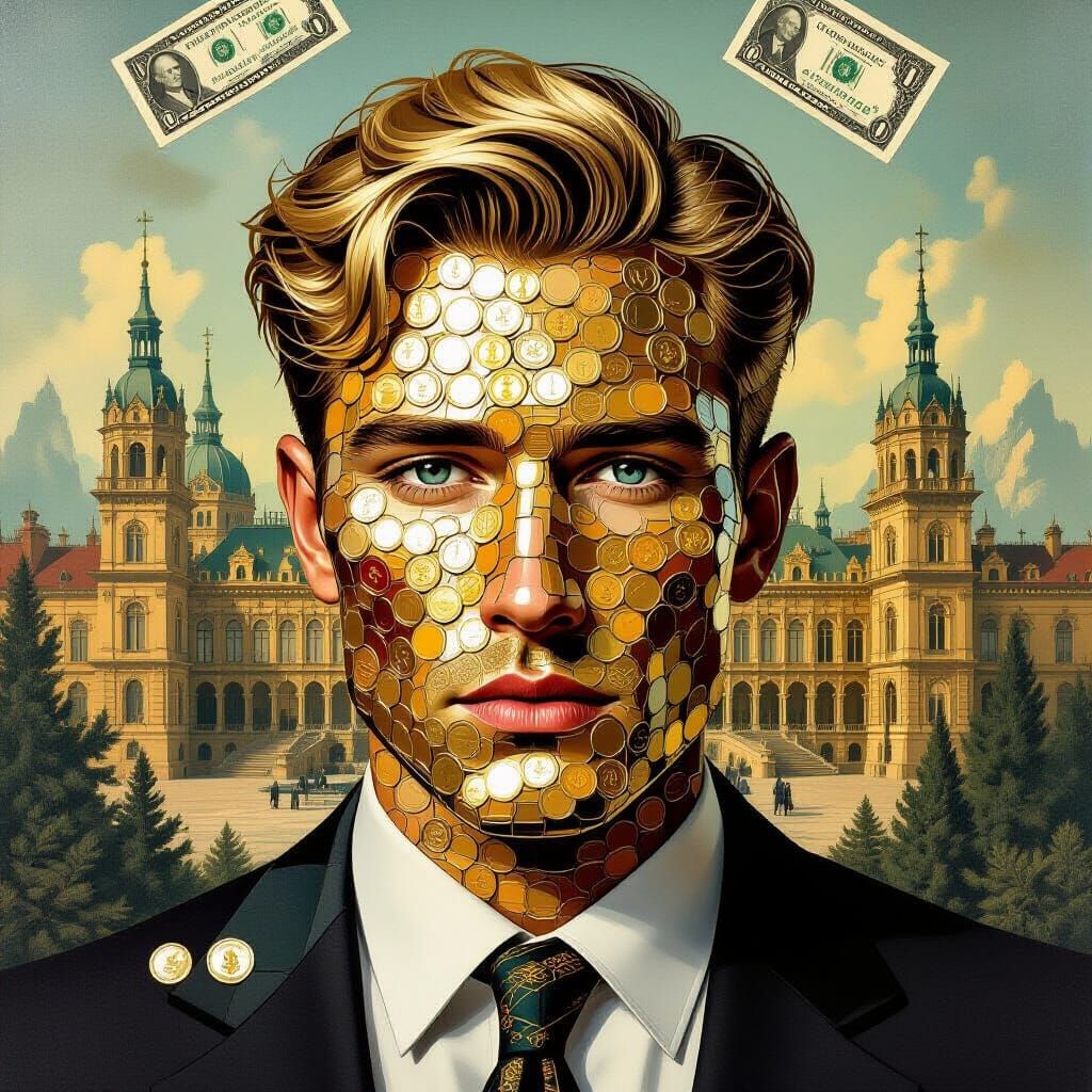 Man's Face Made of Coins, Surreal Palace Backdrop
