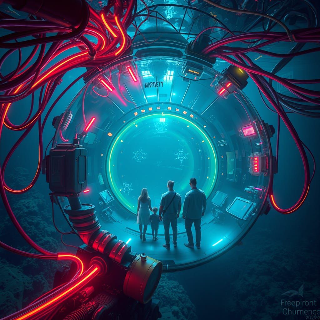 Neon Lit Underwater Family Home in Cyberpunk Style
