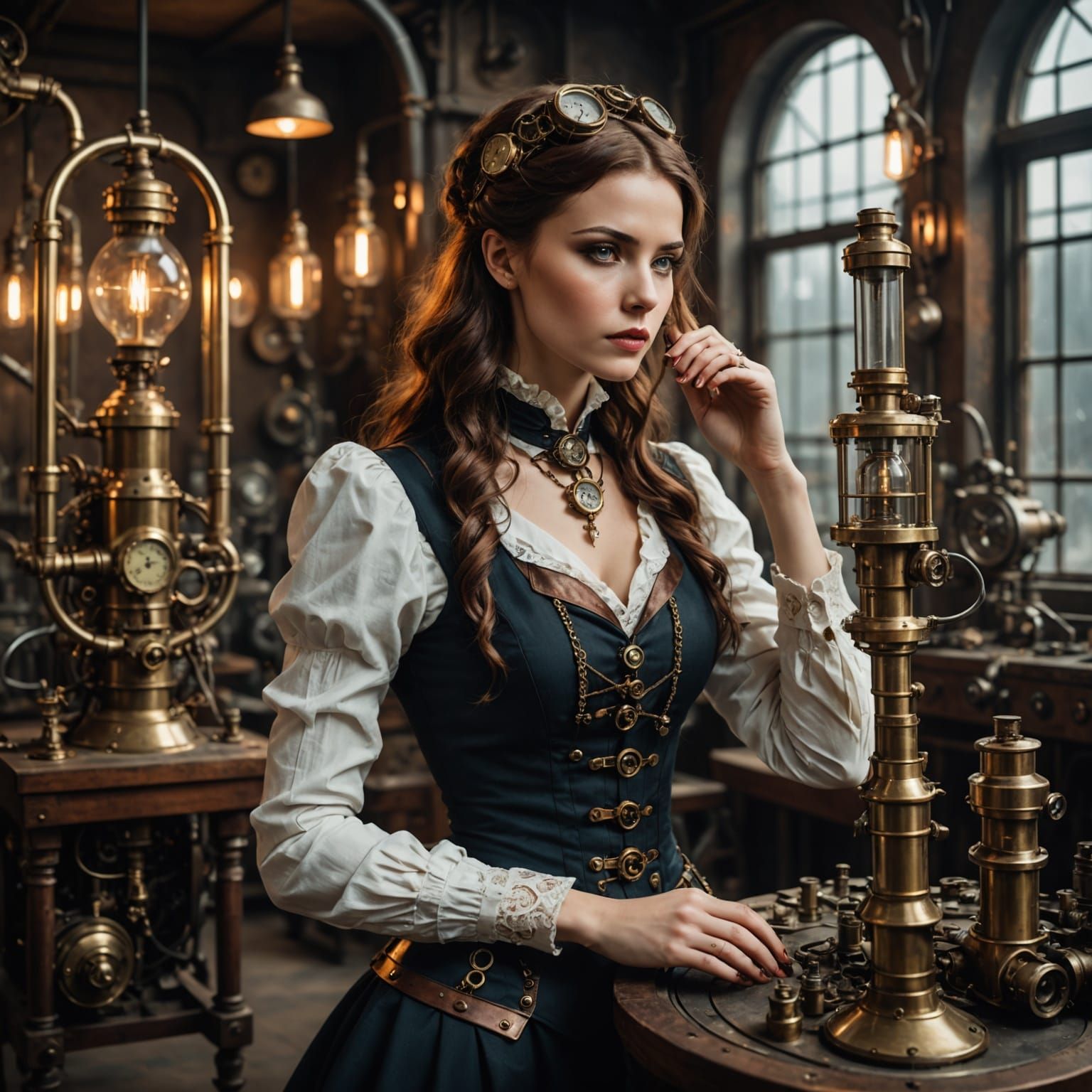 Steampunk Lady Ponders Science in Retro Lab