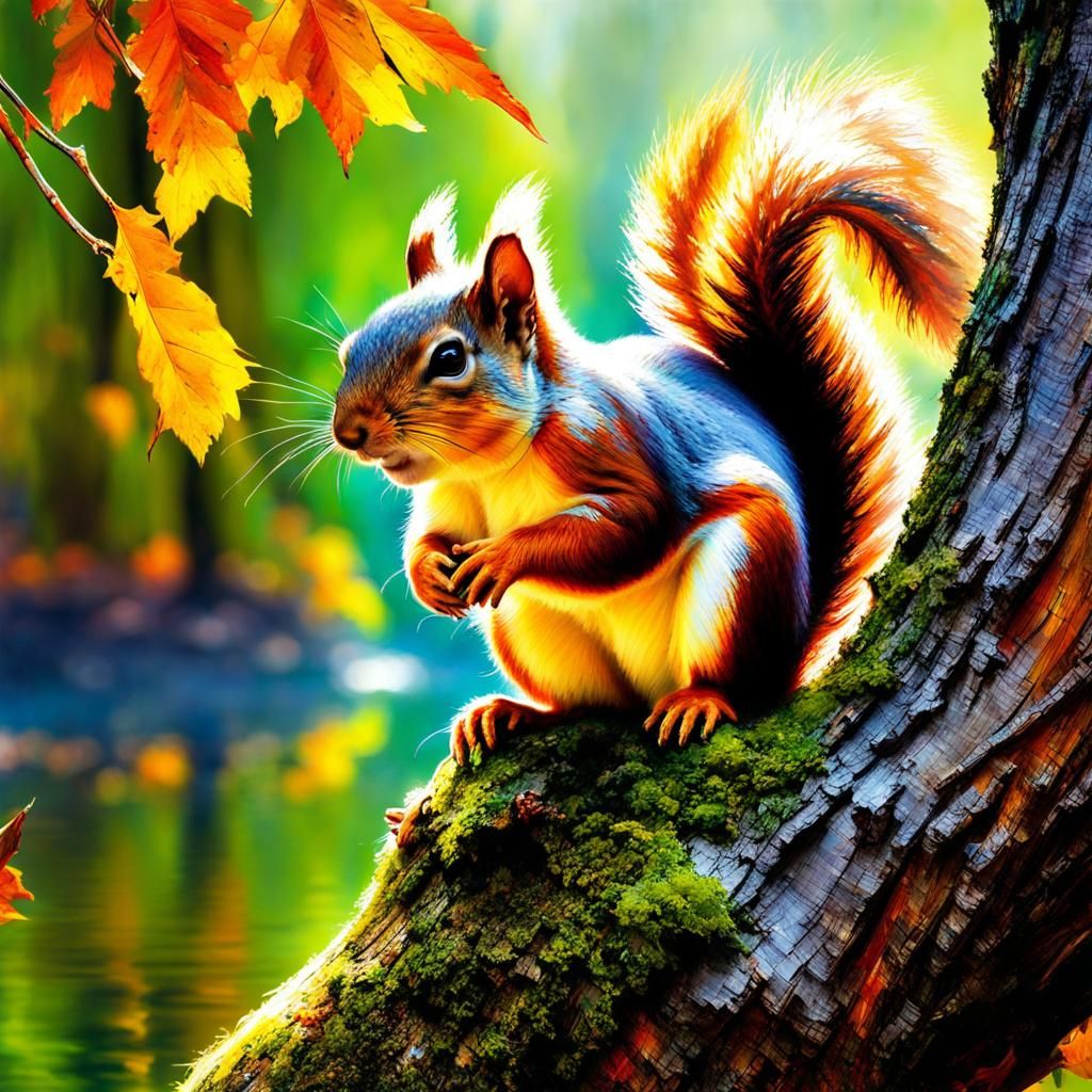 Squirrel in Forest: Matte Painting with Oil Texture