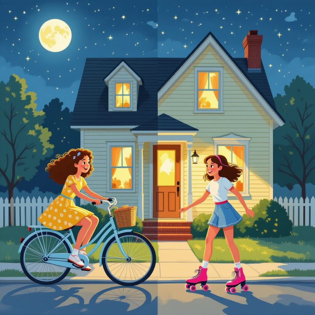 Whimsical Split-Screen: Girl's Day and Night Adventures