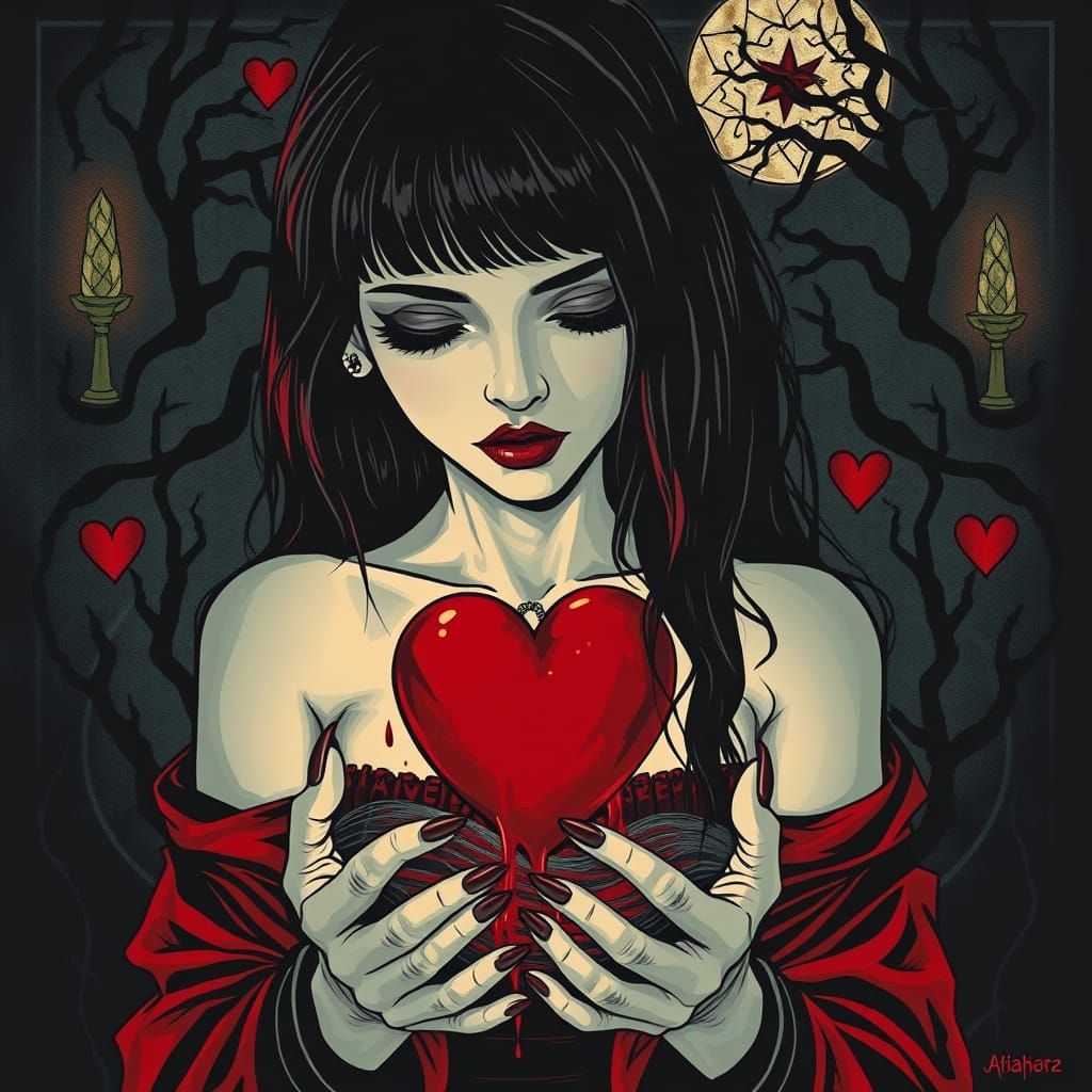 Bleeding Heart Goth Emo Art in Vibrant Cartoon Style