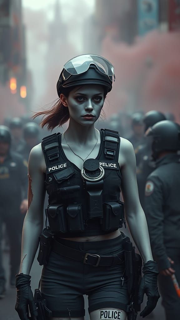 Undead Riot Police Woman in Photorealistic Style