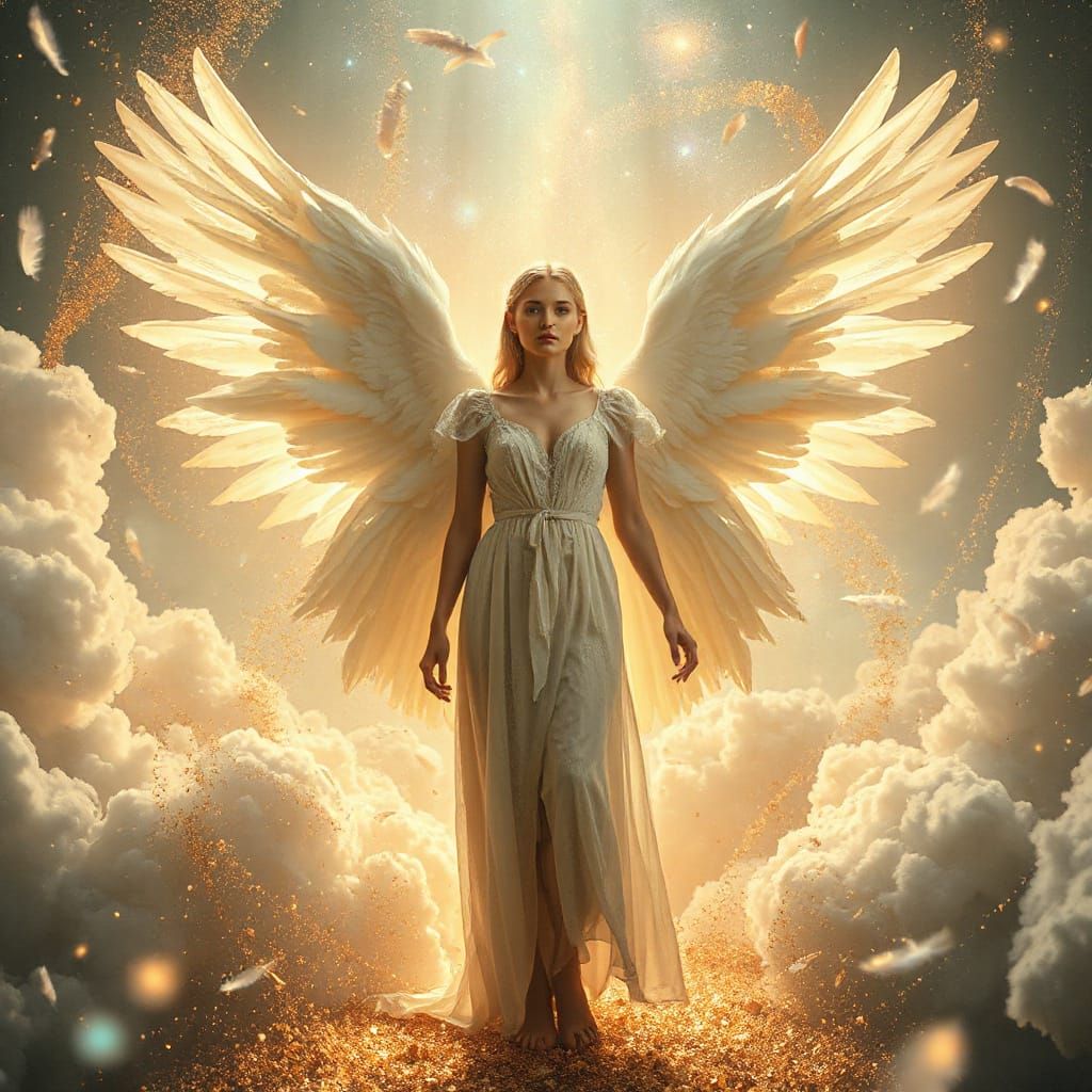 Serene Angel Amidst Golden Stardust and Cosmic Sky