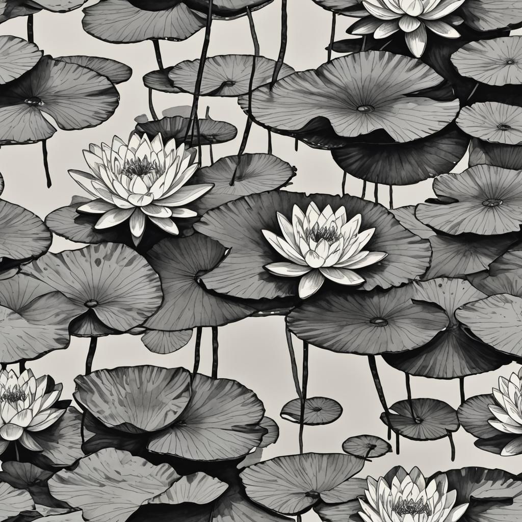 Elegant Water Lily Ink Drawing