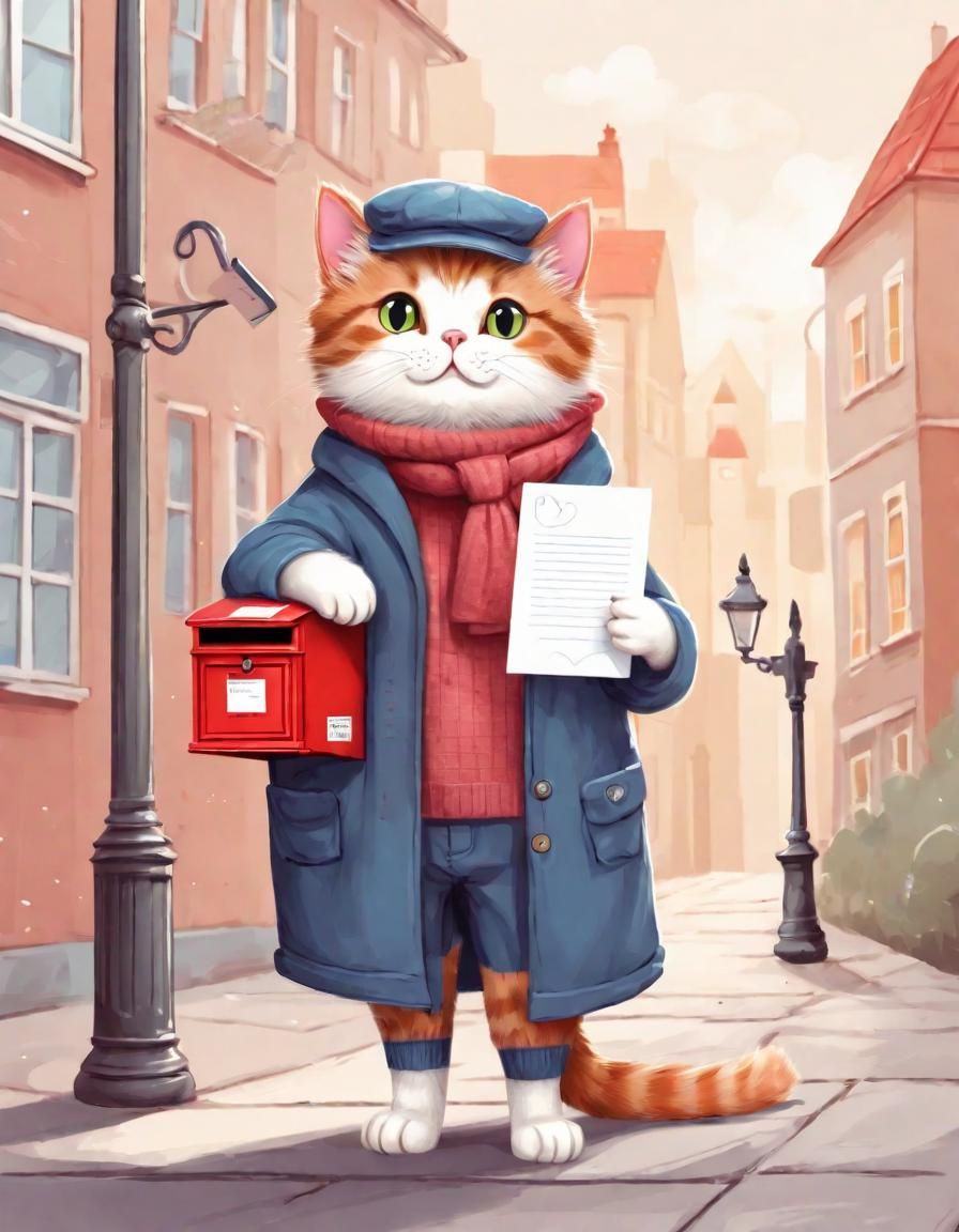 Cozy Cat City Illustration with Letter Post Box