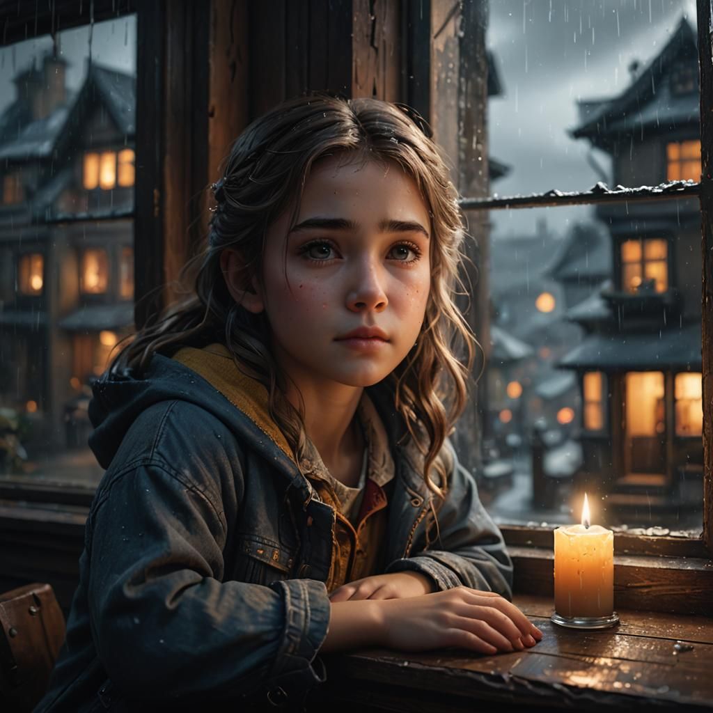 Girl by Window in Rain, Detailed Matte Painting