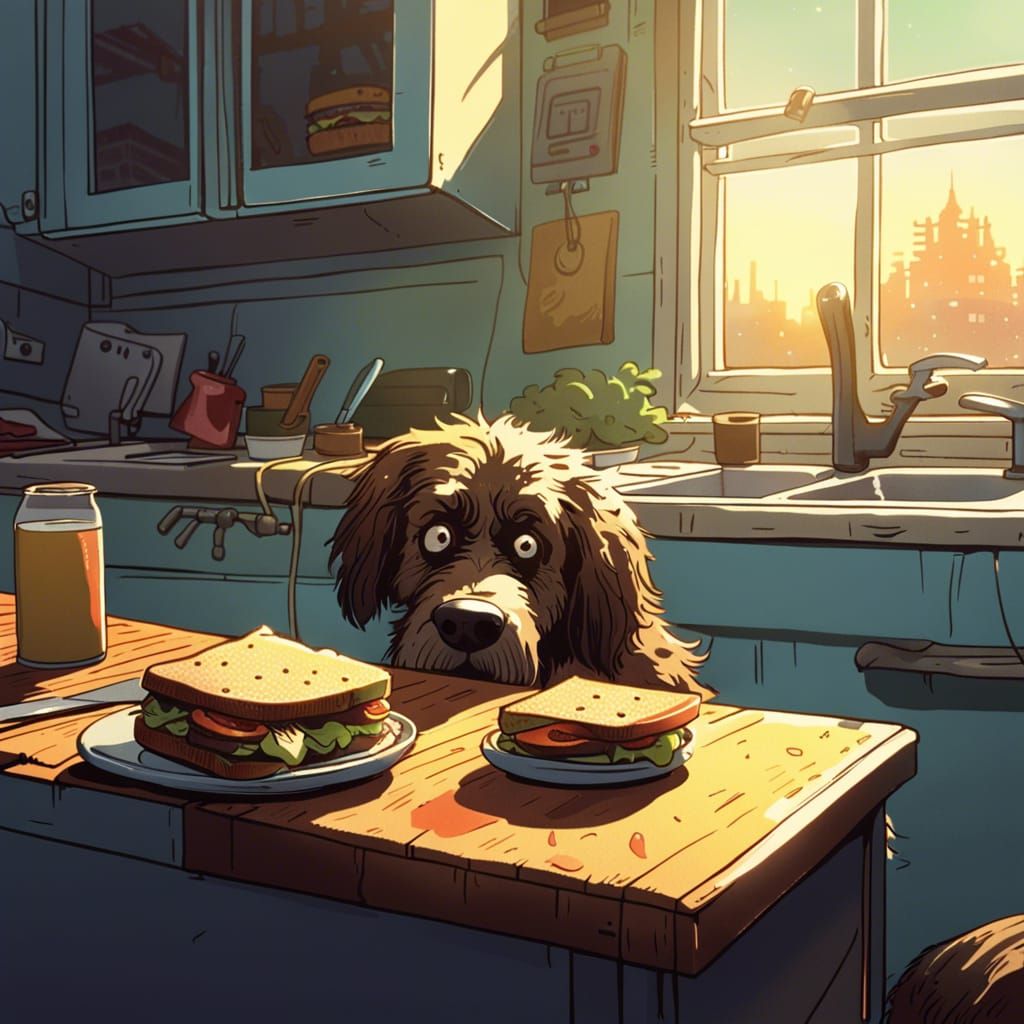 Grumpy Dog Stealing Sandwich in Comic Art Style