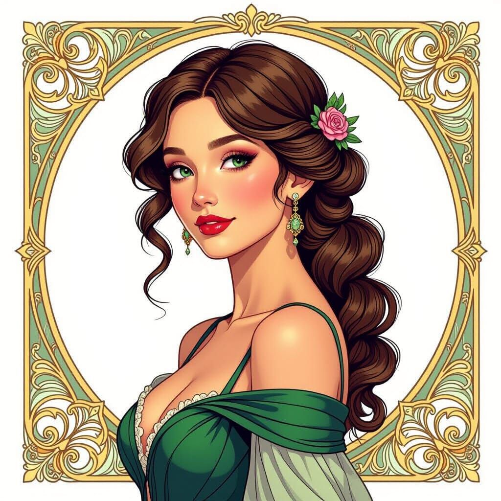 Elegant Woman with Diverse Hairstyles in Art Nouveau Style
