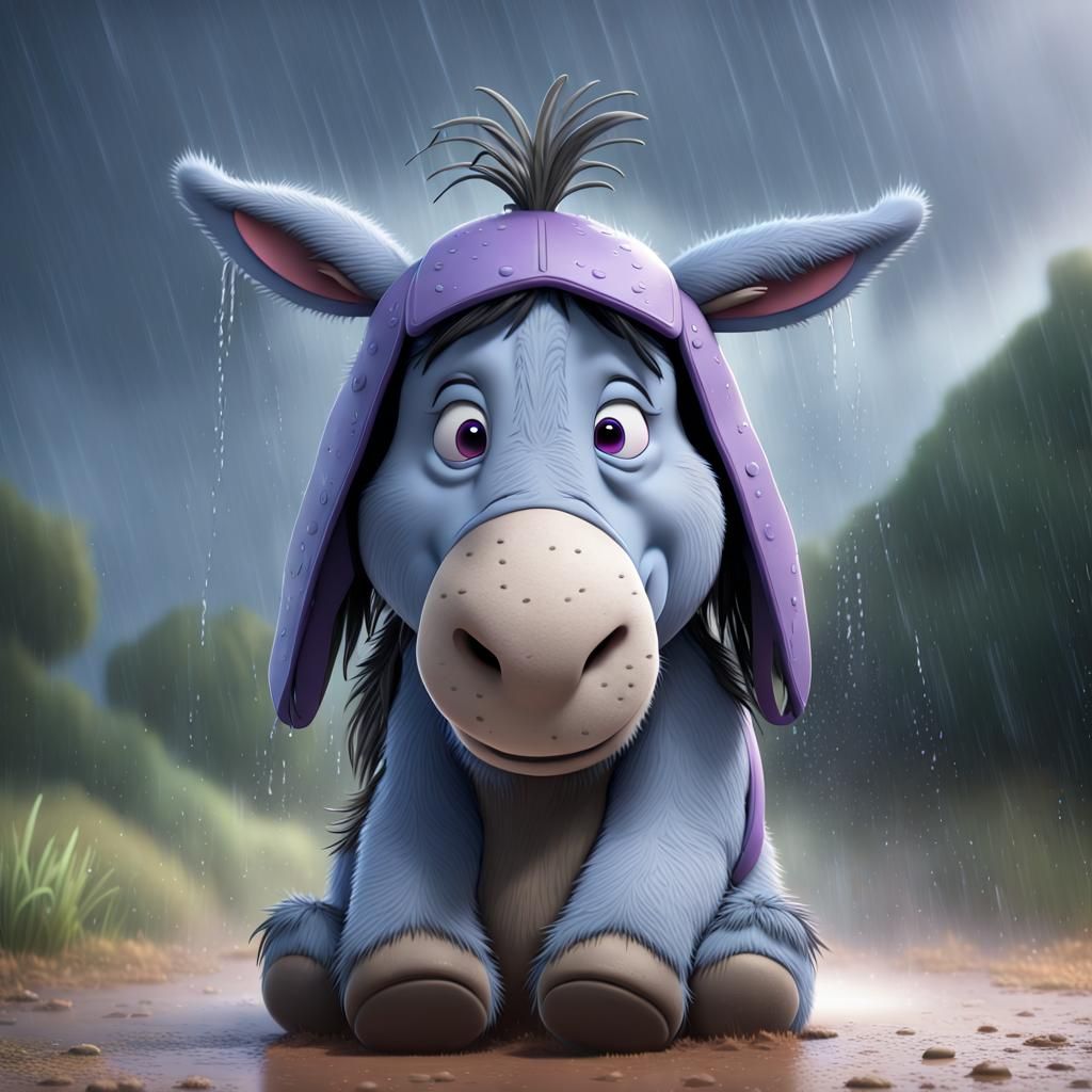 Eeyore the donkey with a small rain cloudy above his head, raining, text that reads (OH BOTHER), Disney, Eeyore