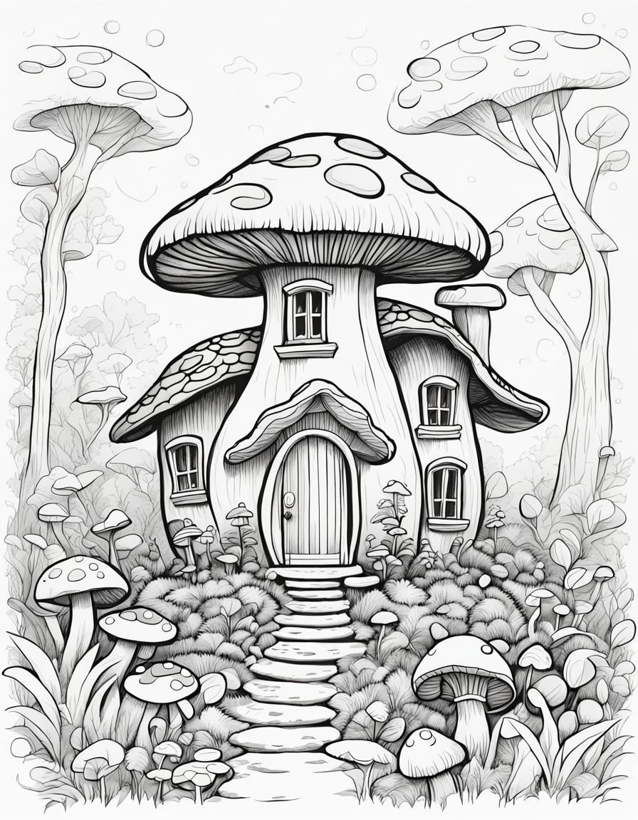 Mushroom House Coloring Page in Sketch Style