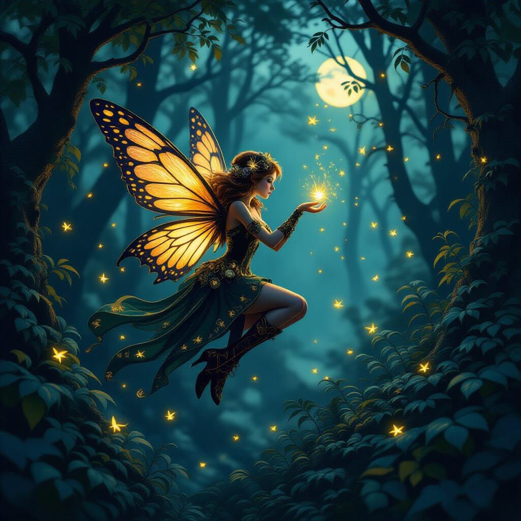 Steampunk Fairy Flight in Midnight Forest