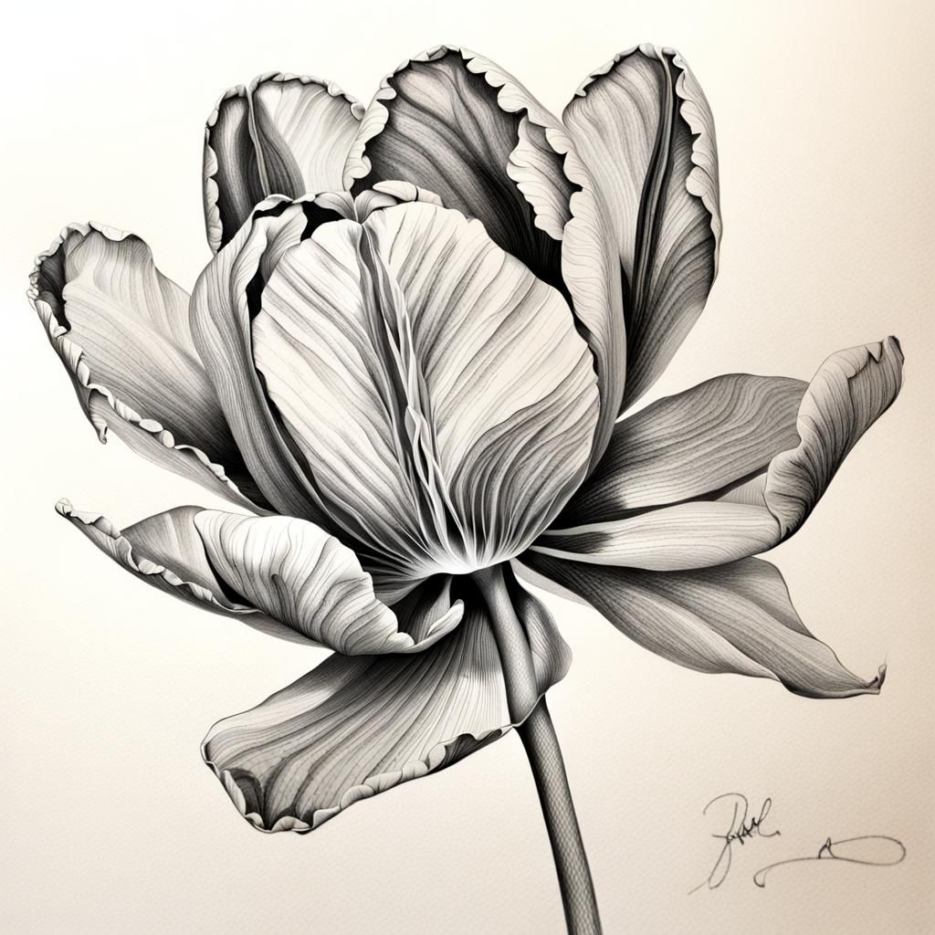 Vibrant Hyperrealistic Ink Drawing of a Single Tulip