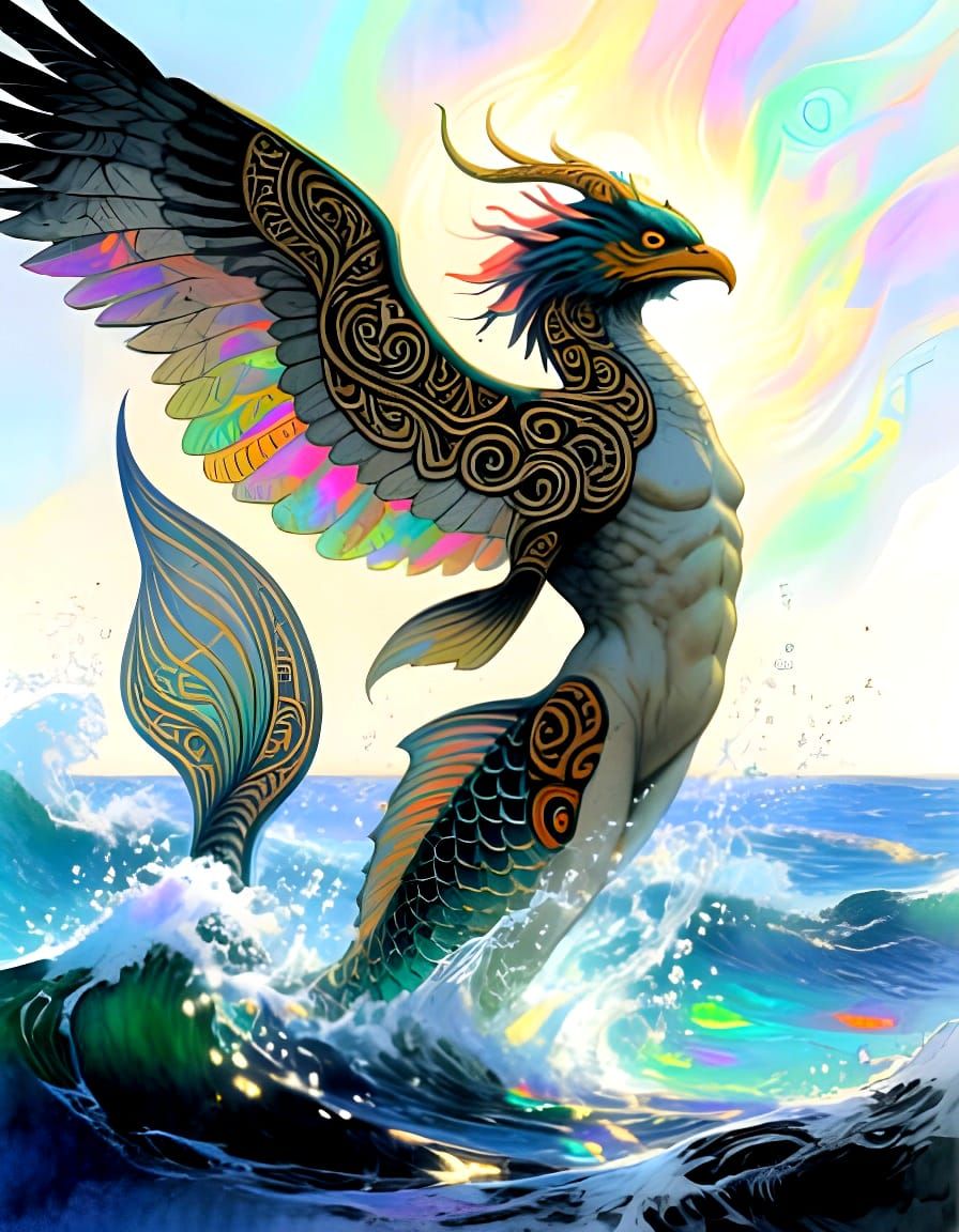 Manaia Creature of Maori Mythology in Epic Watercolor Style