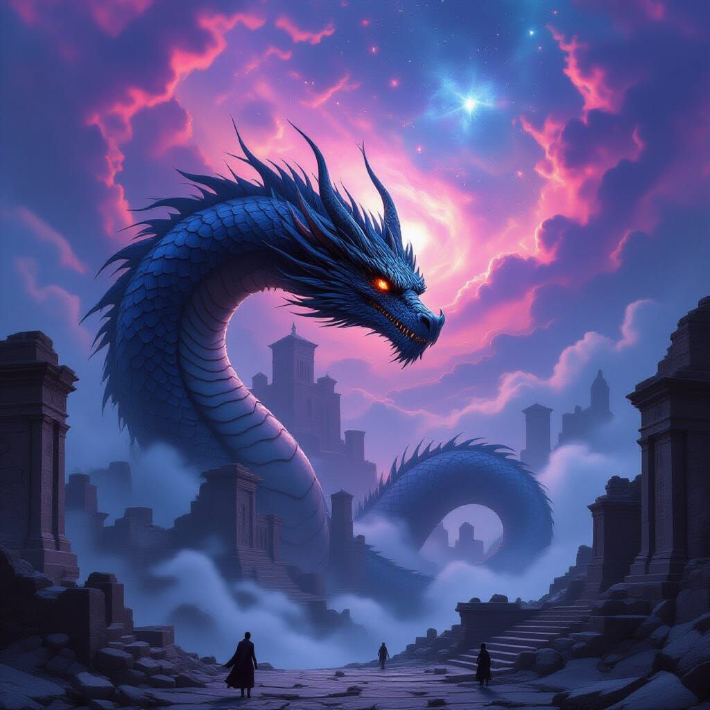 Obsidian Dragon Coiled Around Ancient City Ruins