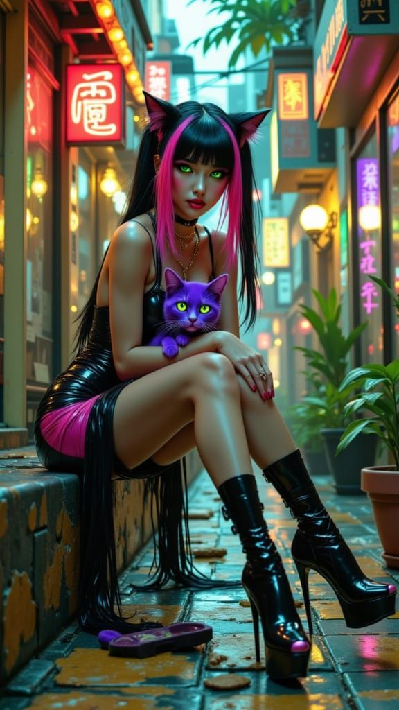 Catgirl in Synthwave City Alley